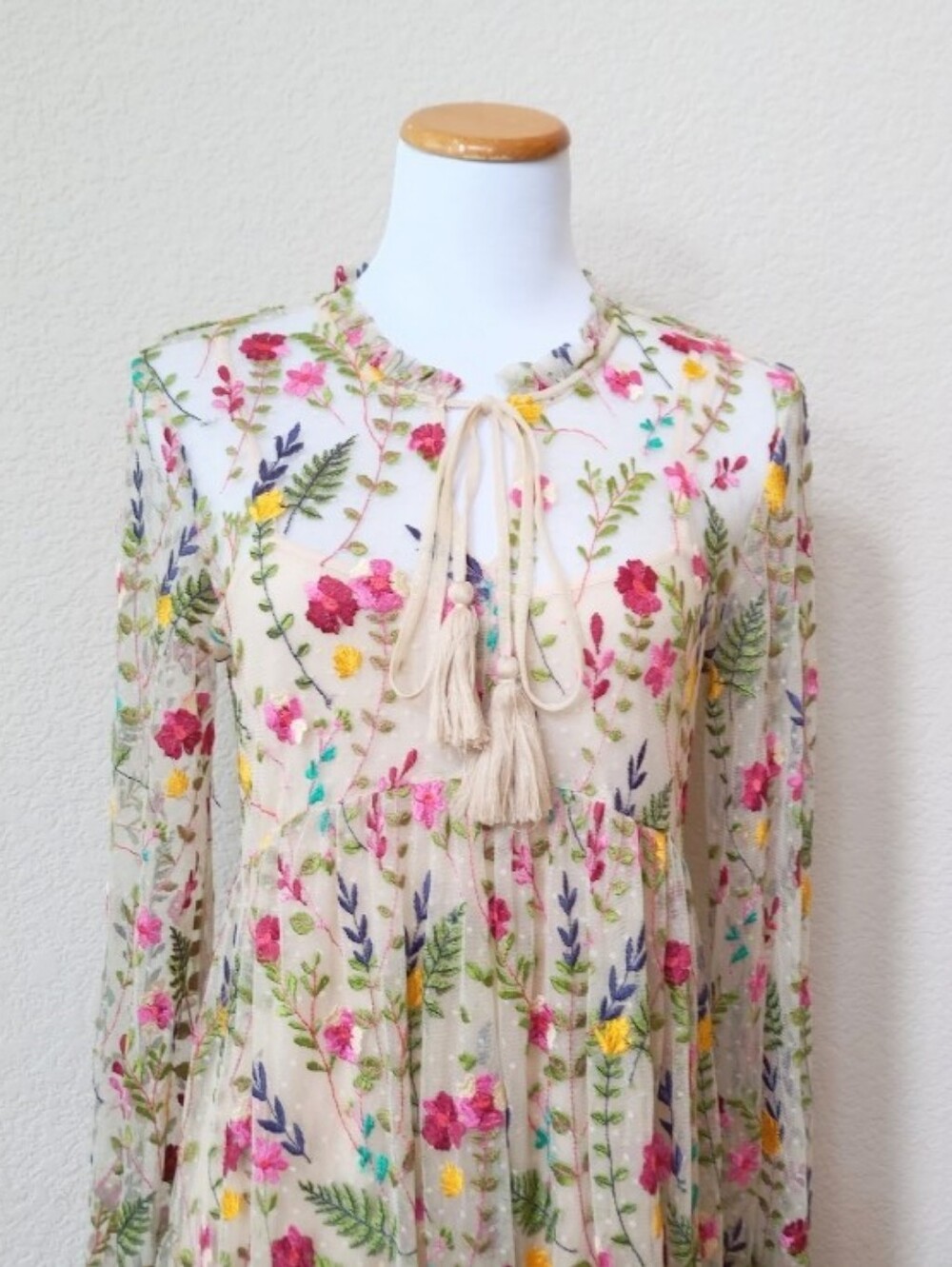 Sundance long-sleeve midi dress in cream with embroidered floral print - Picture 2 of 11